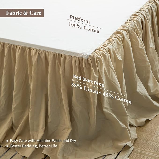 BISELINA French Linen Bed Skirt with Pleated Frills 22-Inch Tailored Drop Natural Flax Cotton Blend Dust Ruffle Soft Cozy Farmhouse Bedding (22" Queen, Linen)