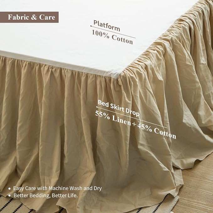 BISELINA French Linen Bed Skirt with Pleated Frills 22-Inch Tailored Drop Natural Flax Cotton Blend Dust Ruffle Soft Cozy Farmhouse Bedding (22" California King, Ruffle Linen)