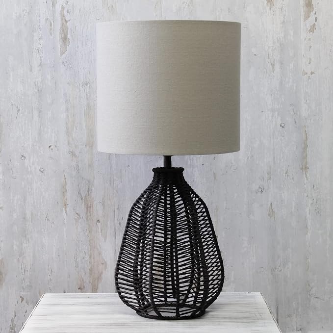 Elegant Designs LT2106-BLK 21" Tall Boho Coastal Inspired Rustic Paper Rope Rattan Wicker Look Standard Table Desk Nightstand Lamp with Light Gray Fabric Linen Shade, Black