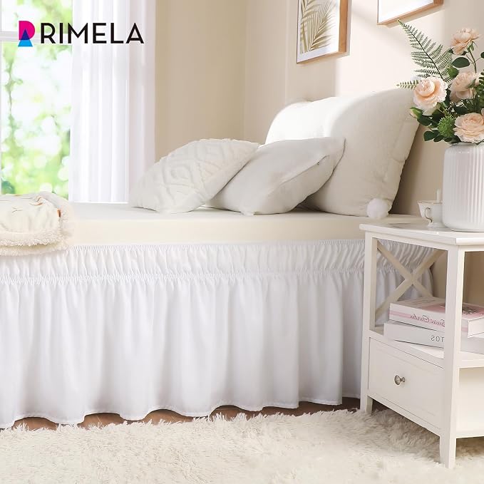 White Bed Skirt Twin Size 15 Inch Drop, Elastic Wrap Around Bedskirt | Solid Ruffled, Easy to Use, No Mattress Lifting, Wrinkle & Fade Resistant, with Adhesive Strips, Machine Wash/Dry/Iron