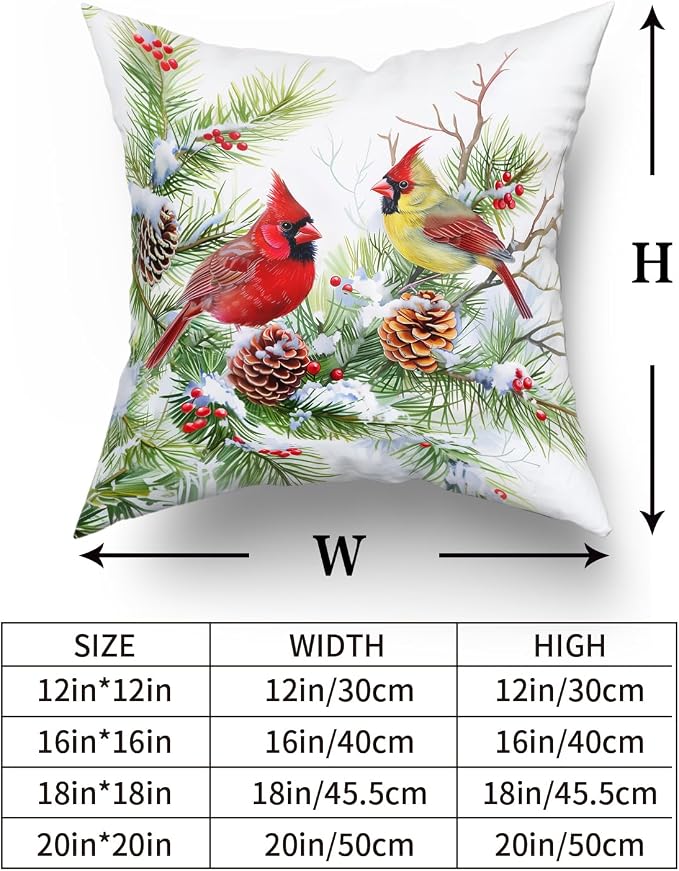 Giwawa Winter Birds Pillow Covers Set of 2 20x20 Inch Christmas Trees Holly Berry Pine Cones Xmas Snow Scene Square Cushion Cases Double Sided for Sofa Patio Porch Holiday Bed Decor