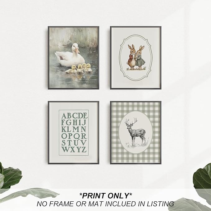 heilkee Vintage Nursery Wall Art Sage Green Duck Prints Farmhouse Room Decor Bunny Pictures Kids Poster Set of 4(UNFRAMED 8x10in)