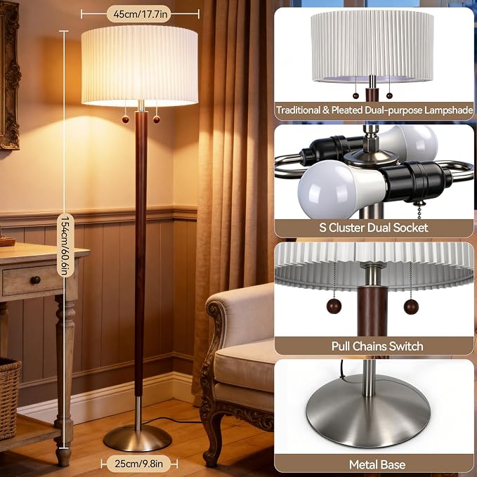2-Lights Wood Floor Lamp with Dual Switch, Mid-Century Modern Corner Lamp with Pleated Shade, Standing Lamp for Living Room, Bedroom, Office, Reading Room, Walnut Brown