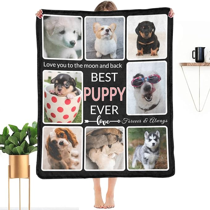 Customized Blanket with Photo, Make a Personalized Blankets with Pictures Customizable Memories Souvenir Throws Blanket Gift for Best Puppy Ever, Forever & Always, 8 Collage Made in USA