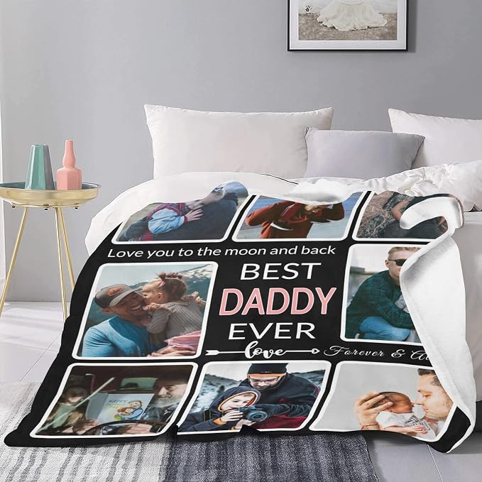 Gifts for Dad Custom Blanket with Photo, Make a Personalized Father's Day Blankets with Picture to My Dad, Customized Memories Souvenir Throws for Best Daddy Ever, 8 Collage Made in USA