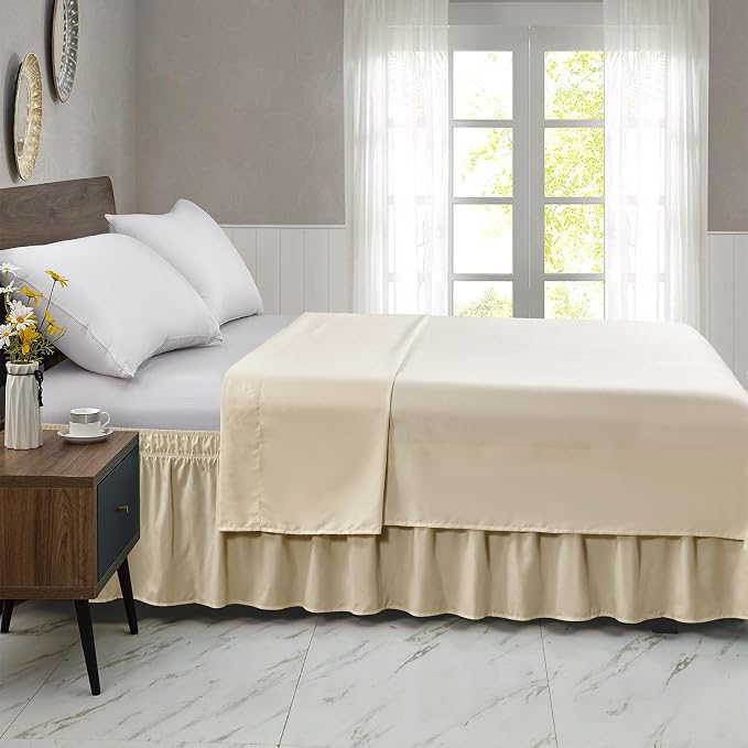 FreshCulture Twin Bed Skirt, Elastic Wrap Around Bed Skirt Twin Bed, Easy Fit with 15-Inch Tailored Drop, Hotel Quality Bed Skirts for Adjustable Bed (Beige)
