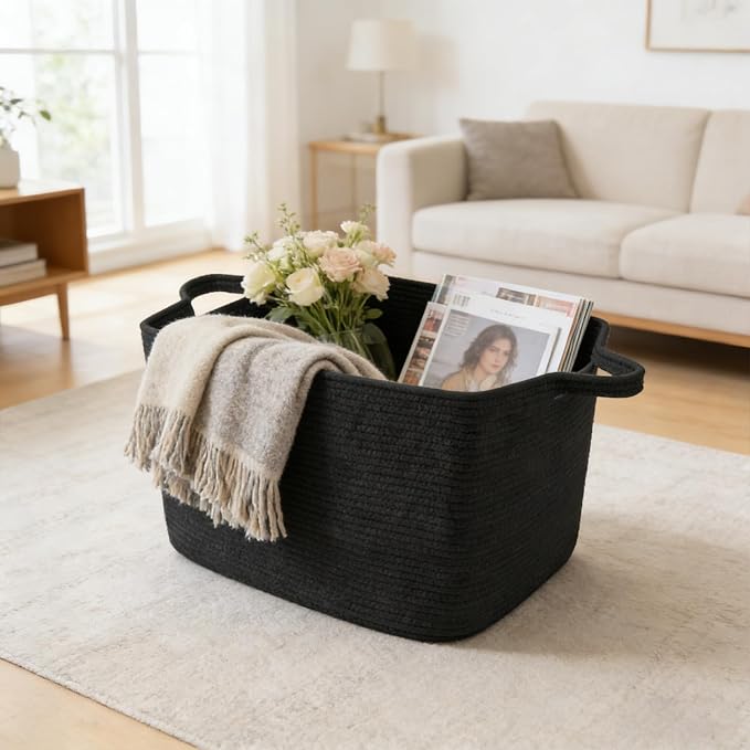 96L Woven Laundry Basket with Handles, Extra Blanket Basket,Black | 24"×16"×15" Collapsible Cotton Rope Storage Basket for Toys Clothes & Pillows, Nursery, Bathroom, Bedroom, Living Room