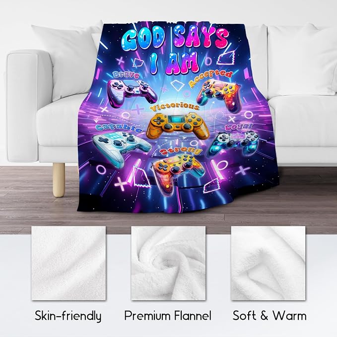 God Says I Am Blanket for Kids & Teens, Soft Plush Gamer Throw for Sofa & Bed, 50"x60"