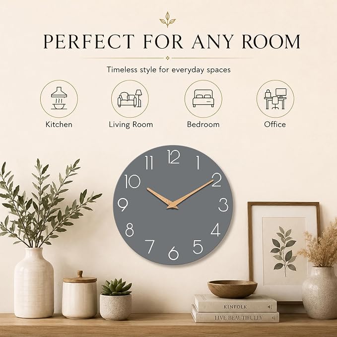 cicininc 10 Inch Battery Operated Wall Clock, Silent Analog, Gray | Living Room | Kitchen | Office | Bathroom | Modern Style | Easy-to-read Numbers