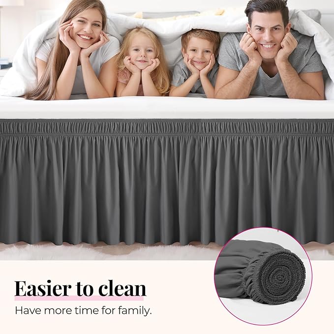 Dark Grey Bed Skirt Queen Size 18" Drop, Elastic Wrap Around Bedskirt | Solid ruffled, Wrap-around/elastic, Wrinkle & Fade resistant, with Adhesive Strips, Gift Packed, Machine Wash/Tumble Dry/Iron