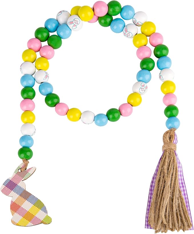 Easter Wood Bead Garland, 38.6" Spring Wood Beads Garland with Tassel, Wooden Beaded Easter Boho Decor Farmhouse Rustic Hanging Decorations for Home Room Wall Tiered Tray Shelf, Plaid Bunny