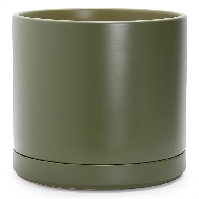 D'vine Dev 14 Inch Ceramic Planter Pot, Olive, 94-O-G-J | Modern Cylinder Design, Drainage Hole & Saucer Included, Stable Structure, Elegant Home Accent