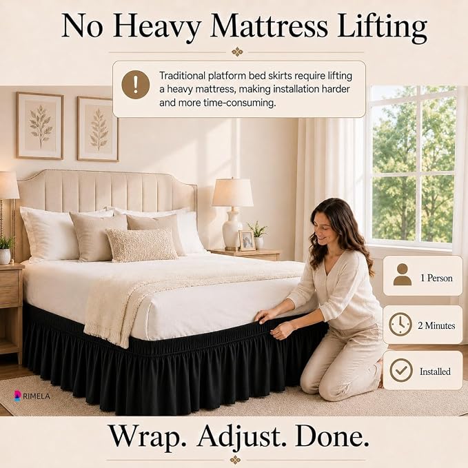Black Bed Skirt Queen Size 25 Inch Drop, Elastic Wrap Around Bedskirt | Solid Ruffled, Easy to Use, No Mattress Lifting, Wrinkle & Fade Resistant, with Adhesive Strips, Machine Wash/Dry/Iron