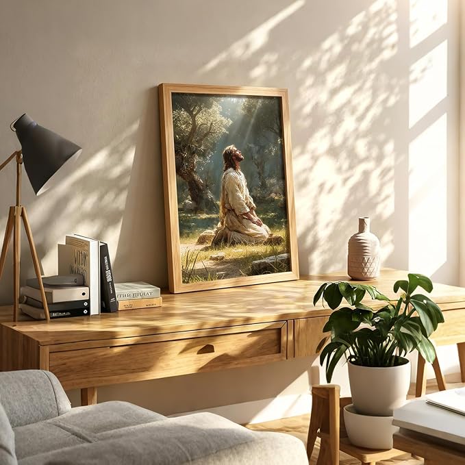 AUUAUU Jesus Praying in Gethsemane Wall Art, Wood Framed Religious Canvas Painting, Vintage Christian Wall Decor for Living Room Bedroom, 16x24 Inches Ready to Hang