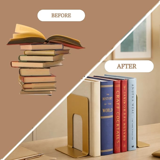 Alessk Dark Matte Gold Metal Bookends for Shelves – Heavy Duty Decorative Bookends for Heavy Books – Modern Book Ends for Office Bookshelf- has 3 Non-Slip Pads at the Bottom – 2Pairs (4 Pieces)