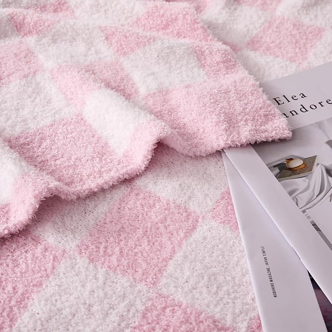 Checkered Throw Blanket for Couch, Soft Cozy Warm Knitted Blankets | Lightweight Fuzzy Travel Warm Decor for Women, Mom, Girls, Sofa, Chair, 60x80in, Pink