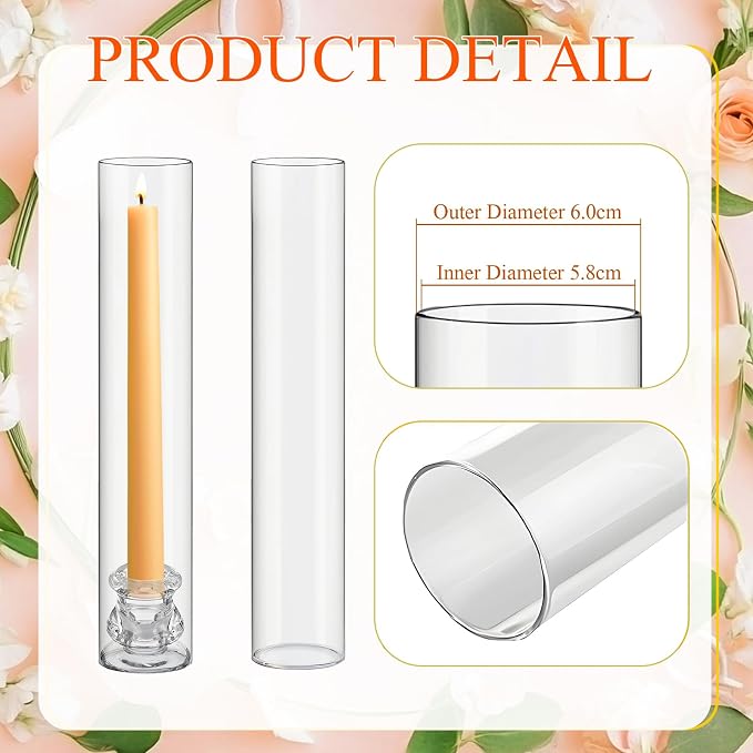 Teenyyou 24 Set Glass Hurricane Candle Holders Candlestick Bulk 12.6",Clear | 2.2" Taper Clear Candlestick Holders, Open Ended Glass Candleholder Tube Shape Bottomless, for Wedding Table Centerpiece