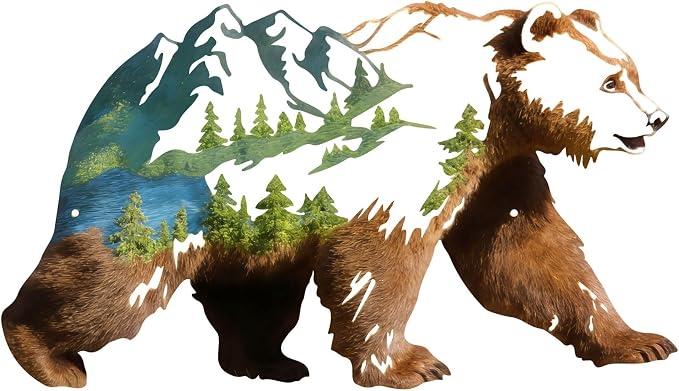 Metal Bear Forest Pine Tree Wall Art Bear Peak Natural Scenery Wall Sign | Wildlife Hunting Home Hanging Decorations for Living Room, Bedroom Kitchen Bathroom (Light Brown)