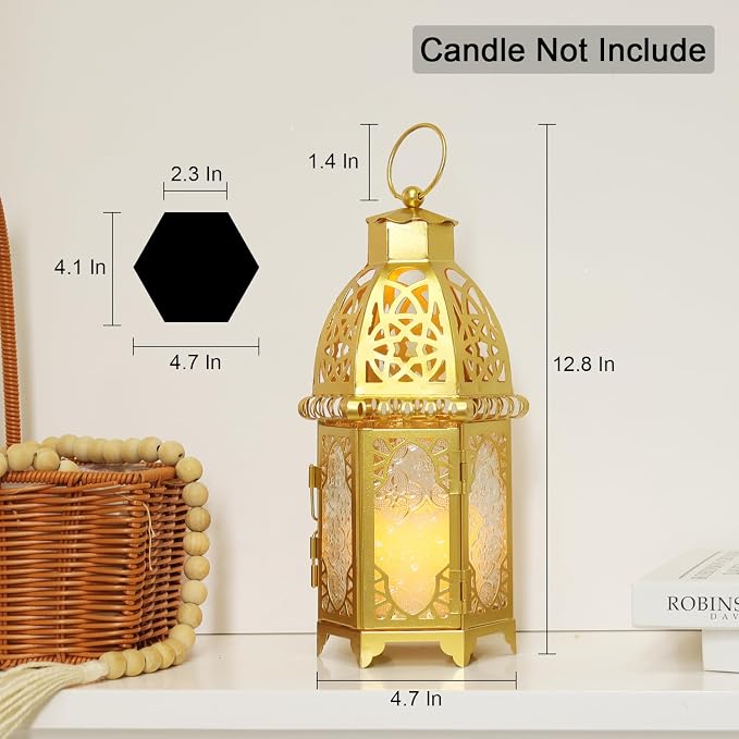 Moroccan Lanterns Decorative Indoor & Outdoor, 12.8’’ Medium Size Golden Metal Hanging&Tabletop Candle Holder Decor, Halloween Christmas Ramadan Decorations for Home Porch Patio (Golden)