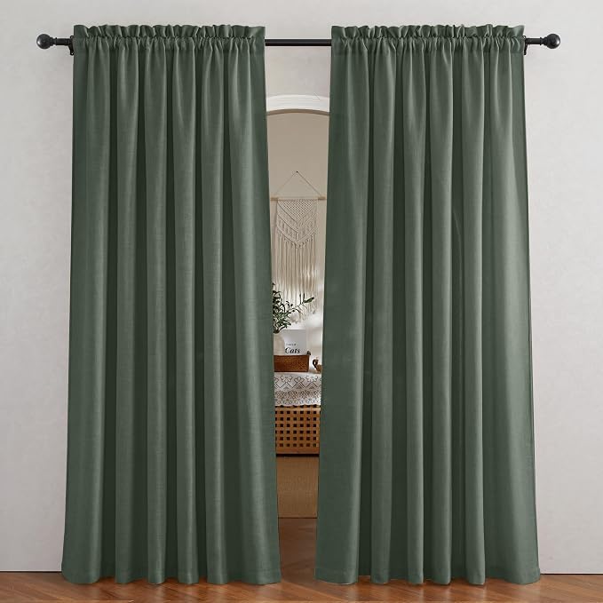 RYB HOME Green Linen Curtains 84 inches Long for Living Room Kids Room, Light Filtering Privacy Protection Home Decor 2 Panels Set for Sliding Glass Door, W 52 x L 84 inches, Hunter Green