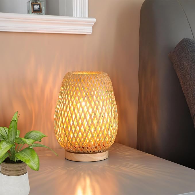 Rattan table lamp, 9.25''boho table lamp hand woven vintage willow wooden small bedside lamp, Bohemian bamboo woven nightstand desk lamp for bedrooms living rooms desks children's rooms hallway