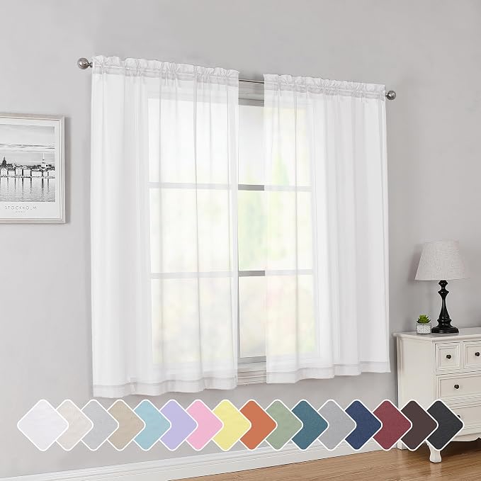 Simplebrand Rod Pocket Top Solid Voile Sheer Curtains for Bedroom, 54 Inch Length Drapes Set of 2, Lightweight and Light Filtering Elegant White Curtains Panels Window Treatment, 42W×54L, White