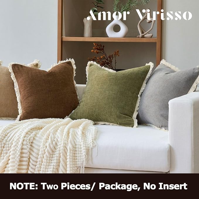 Amor Virisso Fringe Throw Pillow Covers 18x18 Set of 2 Boho Neutral Farmhouse Decorative Pillow Covers with Tassels for Couch Sofa Bed, Olive Green