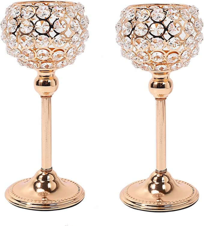 Gold Crystal Candle Holders Set of 2 Bling Tea Lights Candle Holder Dining Table Centerpiece Decor House Warming Gifts Christmas Table Decorations Dinner Table Decor (Gold, 2pcs 10")