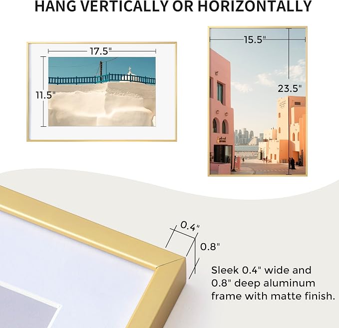 Fun Memories 16x24 Frame Gold, 16 x 24 Poster Frame with Mat for 12x18 Photo-Tempered Glass, Wall Hook Included, Set of 1