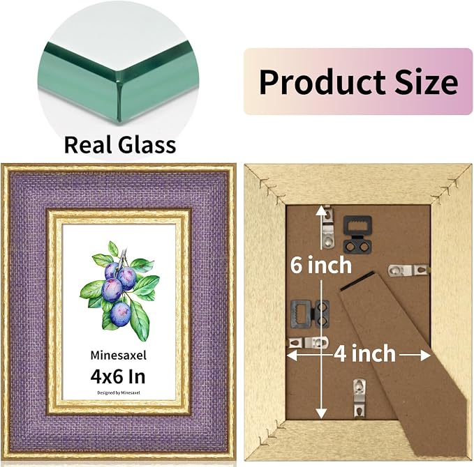 4x6 Picture Frame - Lavender Purple Fabric & Vintage Gold Border HD Real Glass with Easel for Tabletop/Wall (Family Photos, Calm Decor 1 Pack)