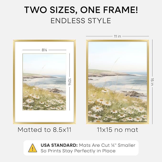 Homeforia 11x15 Gold Picture Frame, High-End Metal, 8.5x11 Mat, Glass