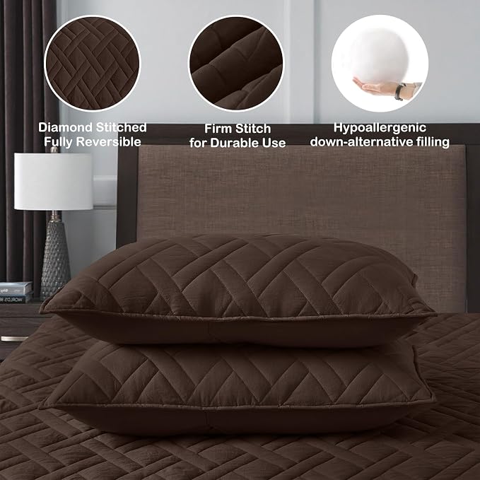 HORIMOTE HOME Quilt Set Twin Size Chocolate, Classic Geometric Diamond Stitched Pattern, Ultra Soft Microfiber Lightweight Bedding Set Bedspread Coverlet for All Season with 1 Quilt 1 Pillow Sham