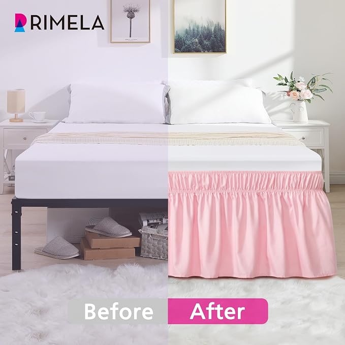 RIMELA Pink Bed Skirt Queen Size 18 Inch Drop, Elastic Bed Skirting for Bed Base and Frame, Bedding Dust Ruffle Easy to Install, Lightweight Wrap Around Adjustable Bedskirt | Solid Ruffled, Easy to Use, No Mattress Lifting, Wrinkle & Fade Resistant, wi...