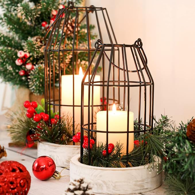Rustic Wire Metal Cloche Set of 2 Candle Lantern Decorative Indoor Outdoor Vintage Cage Candle Holders Modern Farmhouse Decor for Fireplace Mantle Entryway Living Room Kitchen Dining Table Centerpiece