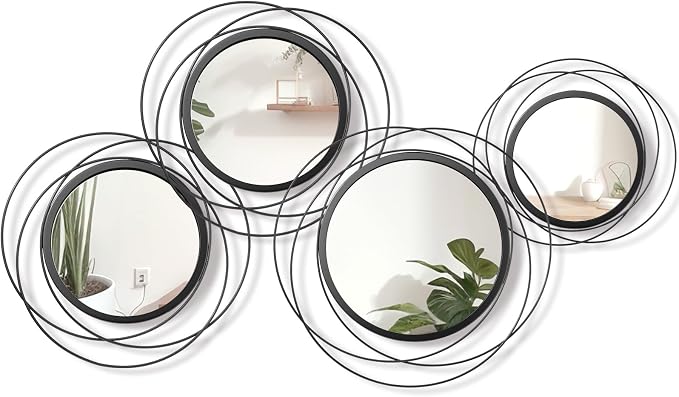 Hicarer 4 Pcs Decorative Round Modern Circle Mirror Wall Art Ring Metal Mirror Wall Mounted for Bedroom, Living Room, Entryway, Dining Room, Hallway (Black)