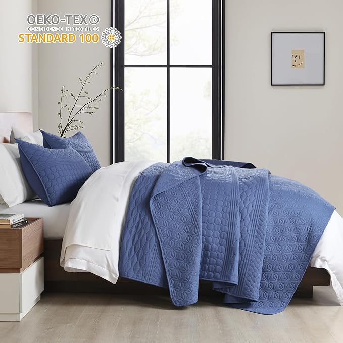 HORIMOTE HOME Denim Blue Queen Size Quilt Set - Soft Microfiber Bedspread with 2 Shams, Lightweight & All-Season Geometric Coverlet for Cozy Bedding