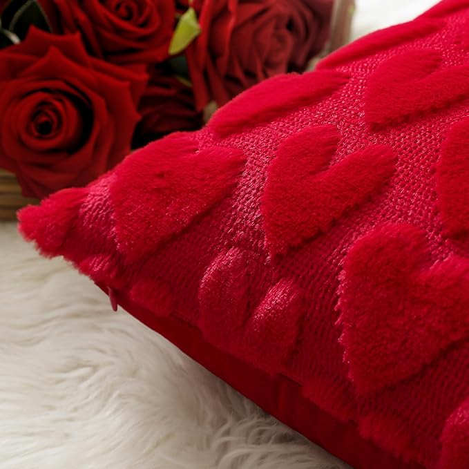 Artscope Valentines Pillow Covers 20x20 Set of 2 Decorative Love Heart Valentines Day Throw Pillow Cases Soft Plush Faux Fur Couch Cushion Case for Holiday Sofa Bed Room Home Decor-Red Heart