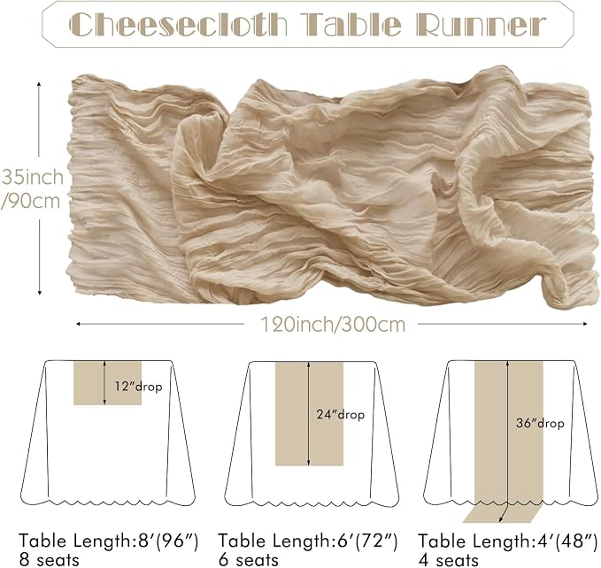 IVAPUPU Nude Table Runner 120 Inches for Wedding Birthday Party Home Decor | 2 Pcs Boho Gauze 10FT Cheesecloth Table Runners for Baby Shower Decorations Summer Garden Farmhouse
