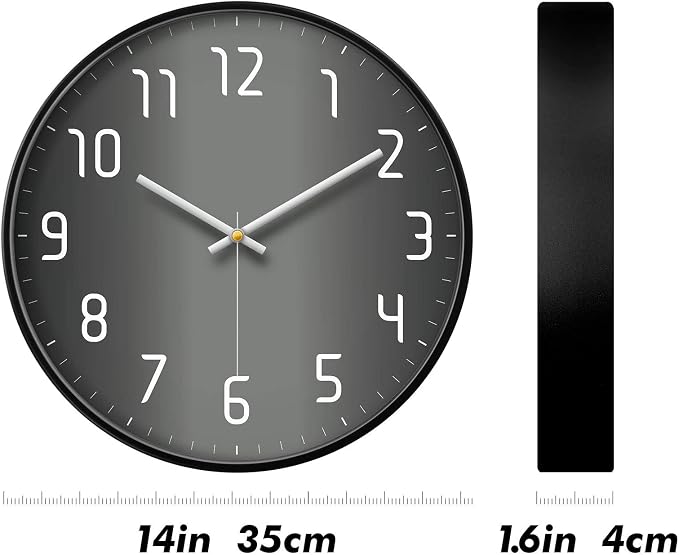 Silent Non-Ticking Analog Wall Clock, Gradient Black, 14'' | Battery Operated, Modern, Metal Frame & HD Tempered Glass, Decorative for Home & Office, Bedroom, Kitchen, Living Room