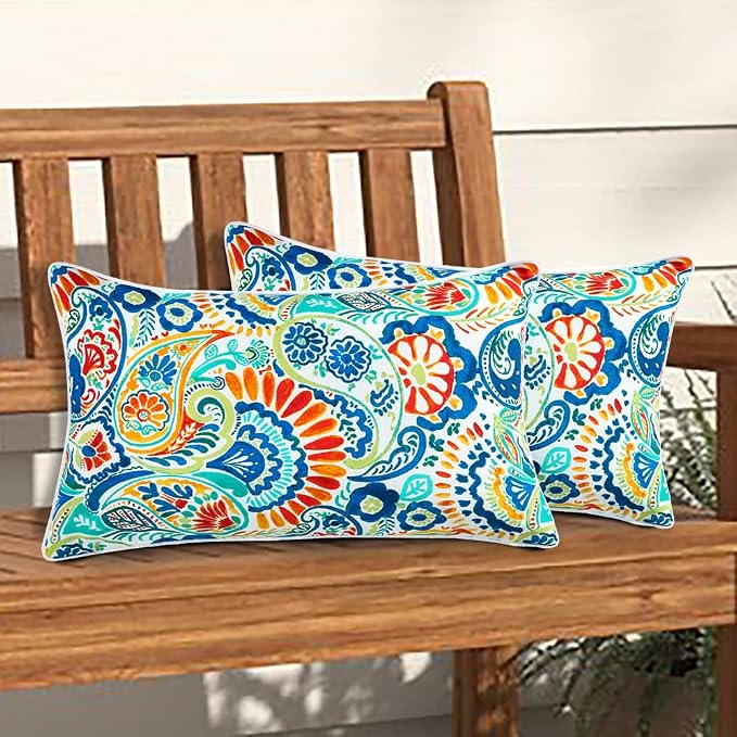 Magpie Fabrics Patio Lumbar Pillow Covers ONLY 20"x12", Set of 2, Outdoor Indoor Cushion Cases Decorative Throw Rectangular Pillowcase Shell for Couch Garden - Paisley Multi