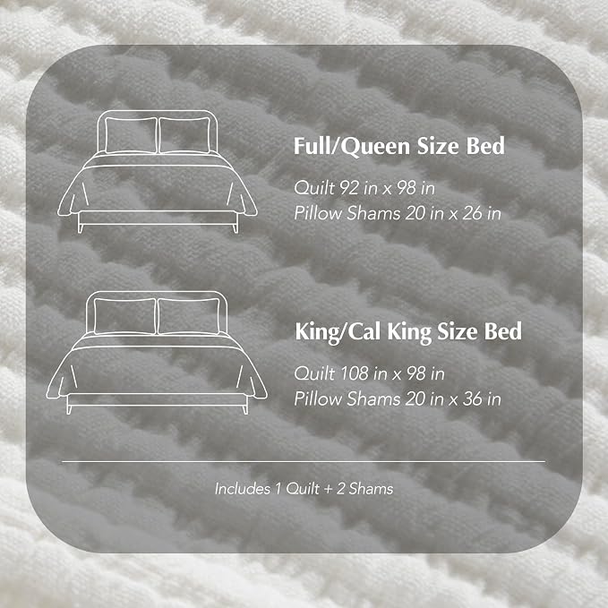 EVERGRACEHOME Cotton Ribbed Matelassé Coverlet Set, King Size, Ivory White | Soft Lightweight Bedspread, 3 Pieces, Breathable Cozy Oversized Quilted Bedding Set for All Seasons, with 2 Pillow Shams