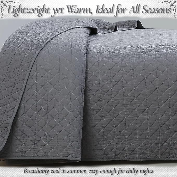 Cozy Line Home Fashions 100% Cotton Quilt Set – 3-Piece Charcoal Gray Solid Classic Modern Quilted Bedspread with Shams, Lightweight All Season Modern Bedding (Diamond Gray, Queen)