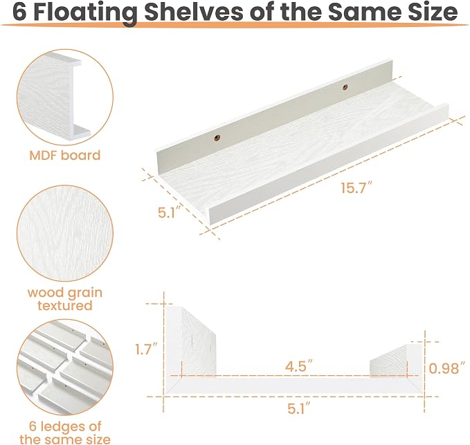 upsimples Floating Shelves for Wall, Wall Shelves for Decor Storage Set of 6, Wall Mounted Wood Shelf for Bedroom, Living Room, Bathroom, Kitchen, Picture Ledge Shelf, White (Pack of 2)