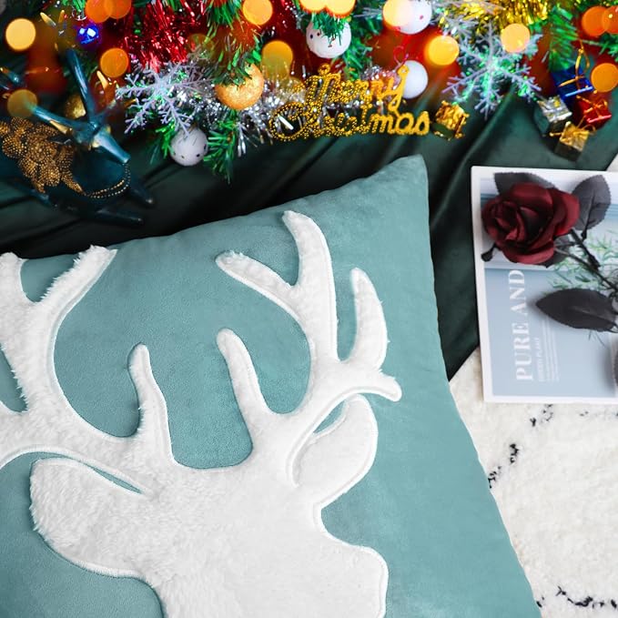 BRAWARM Christmas Pillow Cover 12 X 20 Inches, Teal Reindeer Embroidered Lumbar Pillow Cover, Soft Velvet Decorative Throw Pillow for Couch Bed Sofa Living Room Home