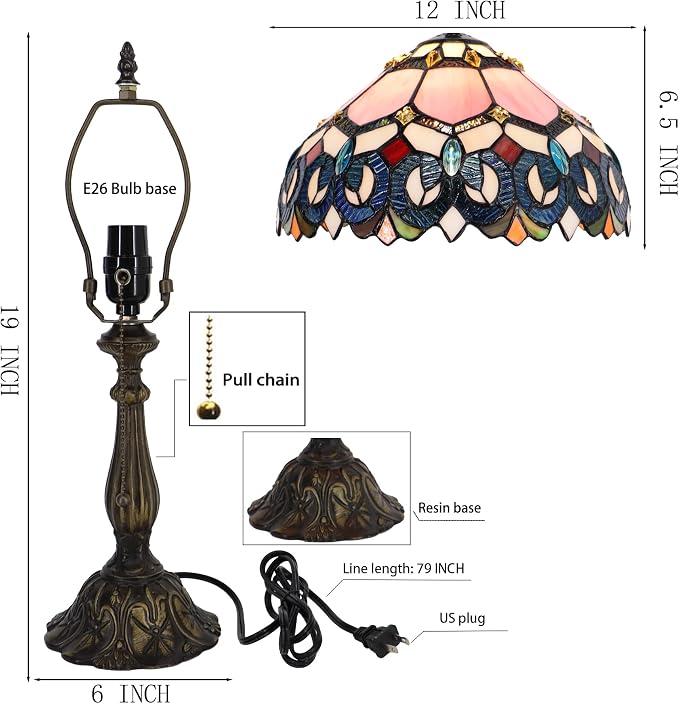 Tiffany Table Lamp Stained Glass Bedside Reading Light W12H19 inch