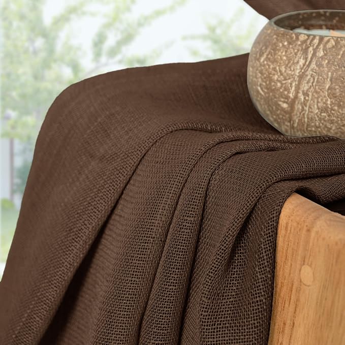 YoungsTex Brown Linen Semi Sheer Curtains 48 Inches Long 2 Panels | Short Drapes with Rod Pocket Back Tab Rustic for Bedroom Living Room Window, 42 X 48 Inch