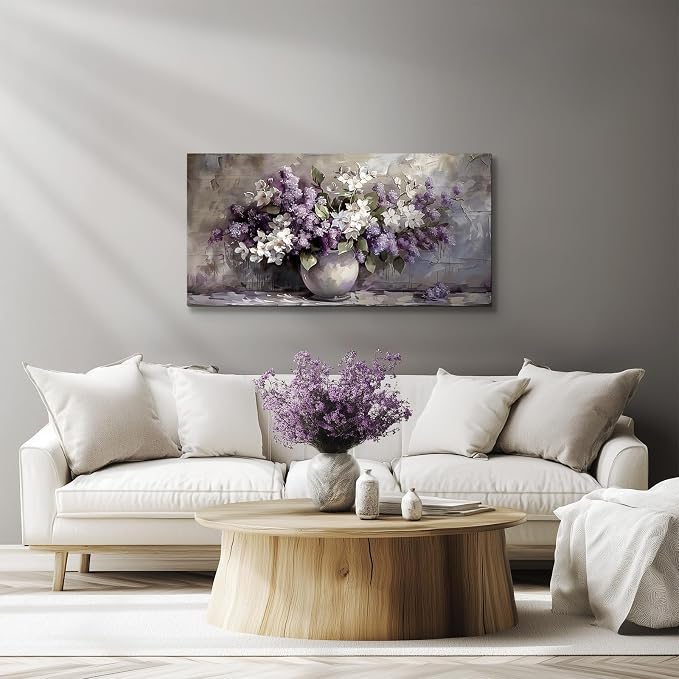 SERIMINO Still Life Large Wall Art, Purple Floral Canvas Prints 20"X40" | Vintage Vase Flowers Wall Decor, Purple Floral Pictures, Living Room Bathroom Kitchen Decor, Ready To Hang, Vibrant Colors