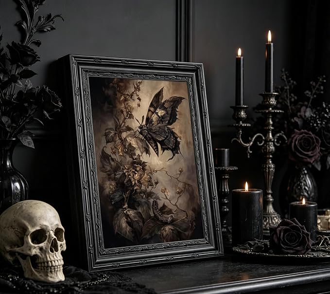 Black Framed Gothic Moth Canvas Wall Art, Vintage Dark Floral Painting Picture Wall Decor, Witchy Moody Insect Poster Prints Artwork for Bedroom Living Room Kitchen Home Decoration, 12x16in