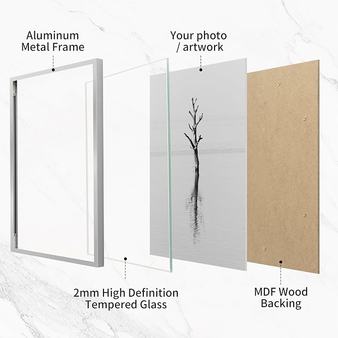 Fun Memories 17x22 Metal Picture Frame - High End Aluminum Frames with Real Glass for Diplomas, Certificates, and Wall Art, Mounts Horizontally or Vertically, Silver, 1 Pack