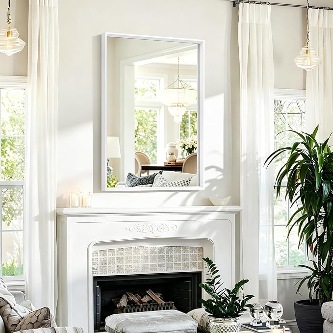 AAZZKANG White Metal Framed Mirror Large 26"x18" Decorative Farmhouse Bedroom Bathroom Mirrors Rectangualr Vertically or Horizontally Hanging